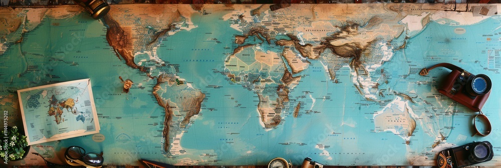 Fototapete travel photos arranged on a world map backdrop with copy space for personalized messages and stories