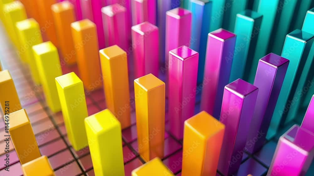 Poster colorful 3d bars are growing on a grid, representing big data analysis, visualization, information, 