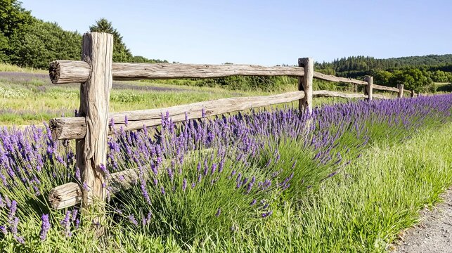 Summer rural landscape farmland warmth concept. Lavender field with rustic wooden fence under a clear blue sky.