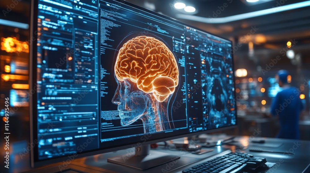 Poster ai analyzes mri scan data to identify brain patterns and anomalies in advanced research facility