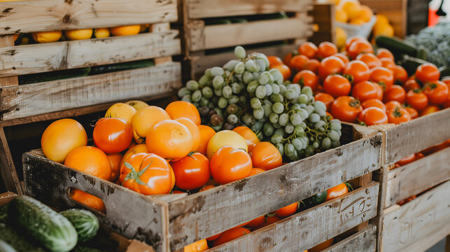 Des cageots de fruits et l&eacute;gumes.