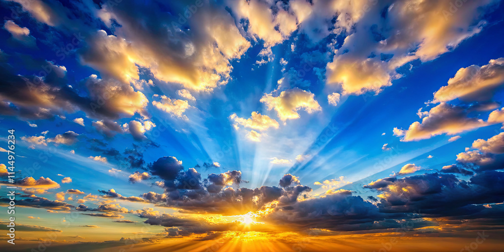 Poster golden rays of sunlight burst through a tapestry of clouds at dawn, creating a breathtaking view of 