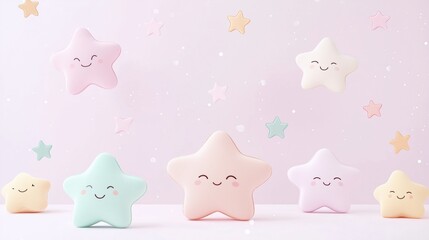 Decorative pastel-colored star shapes with happy faces on a pink backdrop, perfect for cheerful and playful designs.