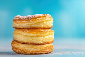 Flaky Pastry Stack with Powdered Sugar on a Blue Background