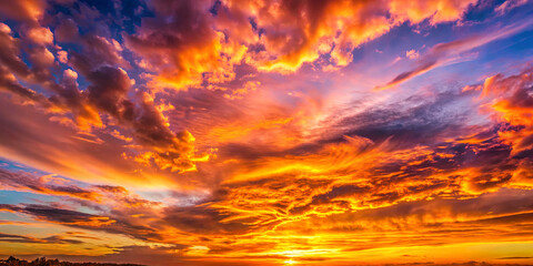 Fototapeta premium A breathtaking display of vibrant colors fills the sky during sunset, illuminating the clouds in shades of orange, pink, and purple. The peaceful landscape enhances the beauty of this moment