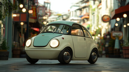 Retro Charm: A classic, two-tone microcar cruises down a charming street, its design echoing a bygone era.