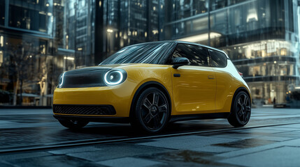 Fototapeta premium Urban Electric Dream: A sleek, yellow electric car glides through a modern cityscape.