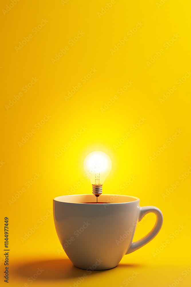 Poster Inspiring ideas and creative concepts are sparked by a warm cup of coffee and illuminated by a bright light bulb on a sunny yellow background._00002_