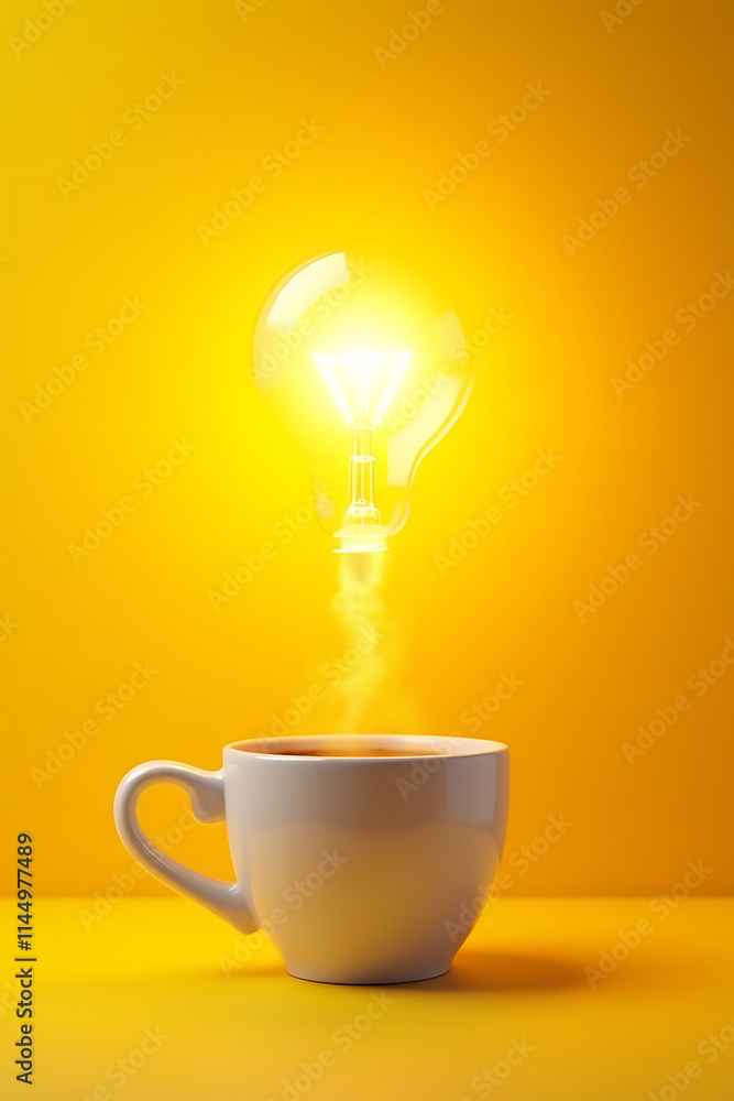 Poster inspiring ideas and creative concepts are sparked by a warm cup of coffee and illuminated by a brigh