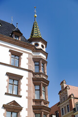 Obraz premium Leipzig, Erker mit Zier-Turm an historischem Gebäude am Nikolaikirchhof