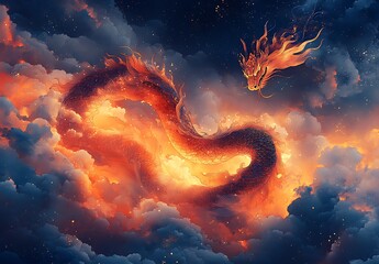 A fierce fire dragon soaring through the clouds, exuding power and mystique


