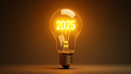 Innovative gold lightbulbs symbolize future thinking and progress in the year 2025, ideal for themes like innovation and business strategy._00001_