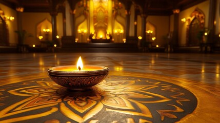 A single lit diya illuminates the ornate floor of a grand palace or temple interior. The warm glow...