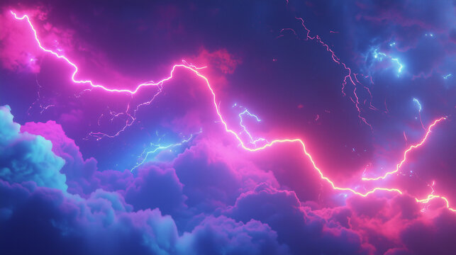 Electric Storm: A mesmerizing digital artwork depicts a dramatic clash of pink and blue lightning bolts amidst swirling clouds.
