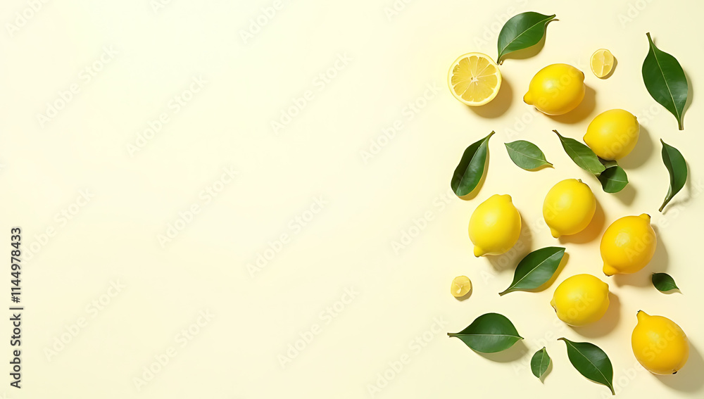 Poster image features a top view of lemons and leaves against a clean white background symbolizing healthy 