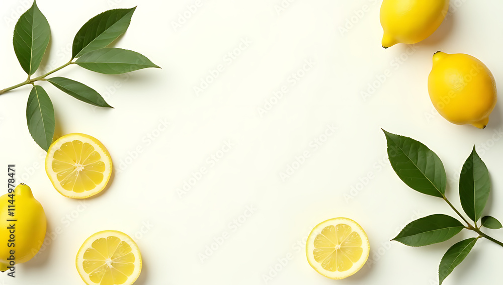 Poster image features a top view of lemons and leaves against a clean white background symbolizing healthy 
