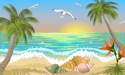 Palm trees on the seashore.Colored vector illustration with palm trees and flowers on the sandy seashore.