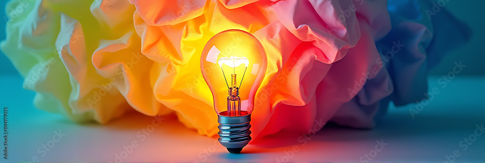 Poster ideas and creativity sparked by simple objects like a lightbulb and paper crumpled into a colorful i