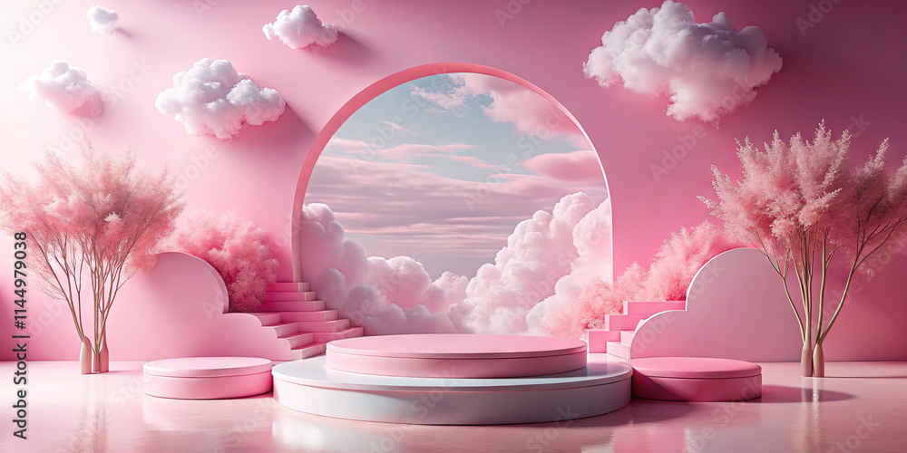 Poster a pastel pink stage setting features fluffy clouds and stylish pink trees, creating a whimsical and 