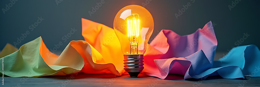 Poster ideas and creativity sparked by simple objects like a lightbulb and paper crumpled into a colorful i