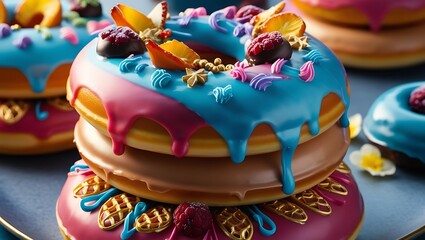 Naklejka premium Capture the essence of refined culinary art with this ultra-realistic 8K photograph of a vibrantly decorated donut. Featuring intricate sugar art, delicate hand-piped frosting.