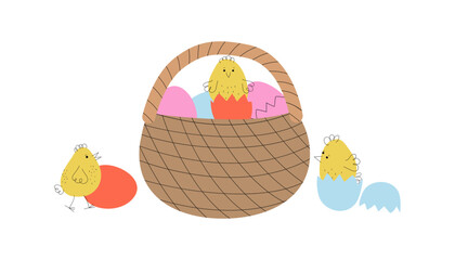 Chickens, basket with Easter eggs. Cartoon funny chickens, animals, poultry. Hand drawn doodle line icons, simple holiday design.