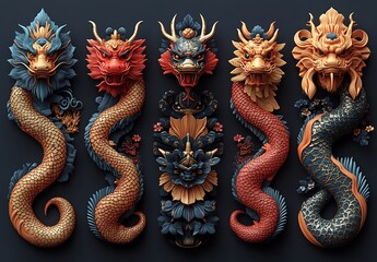 Fototapeta premium A powerful group of dragons etched onto a wall, showcasing strength and legend