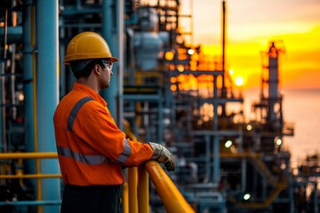 Worker watches sunset over industrial landscape during evening shift at refinery