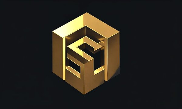 A stylized 3D logo featuring geometric shapes in a golden hue against a dark background.
