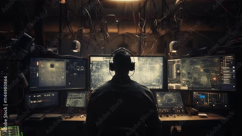 Poster military operator wearing headphones sitting in front of multiple screens with data and charts in a 