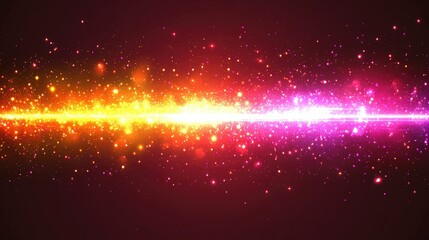 Glowing light beam with colorful particles on dark background.