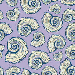Vector seashell seamless pattern. Hand-drawn oysters and shells isolated on violet background. Tasty food for design, print, fabric, interior or background.