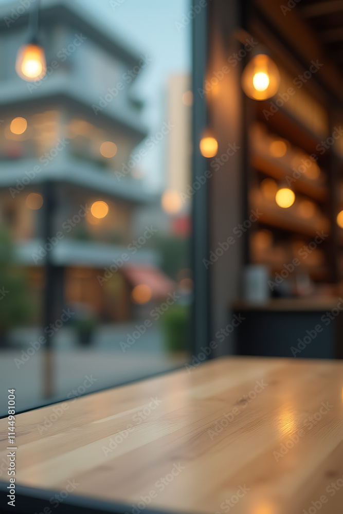 Aufkleber Glass window with blurred wood table and building background suitable for product display or key visual layouts._00002_
