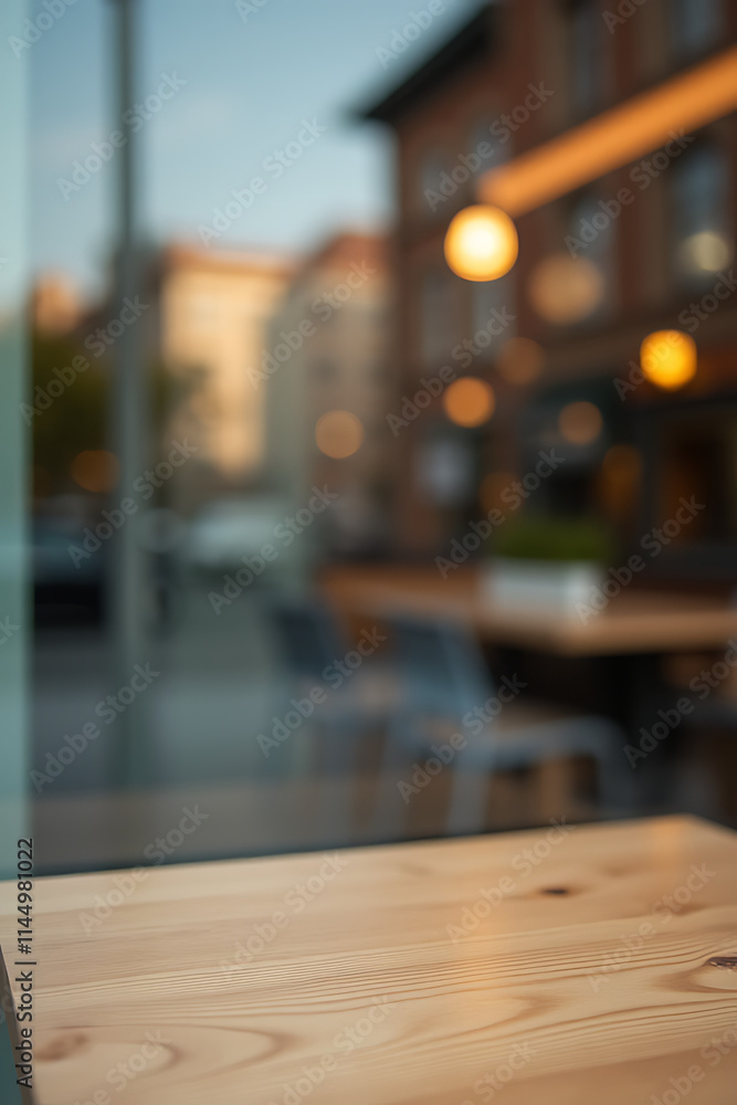 Aufkleber Glass window with blurred wood table and building background suitable for product display or key visual layouts._00003_