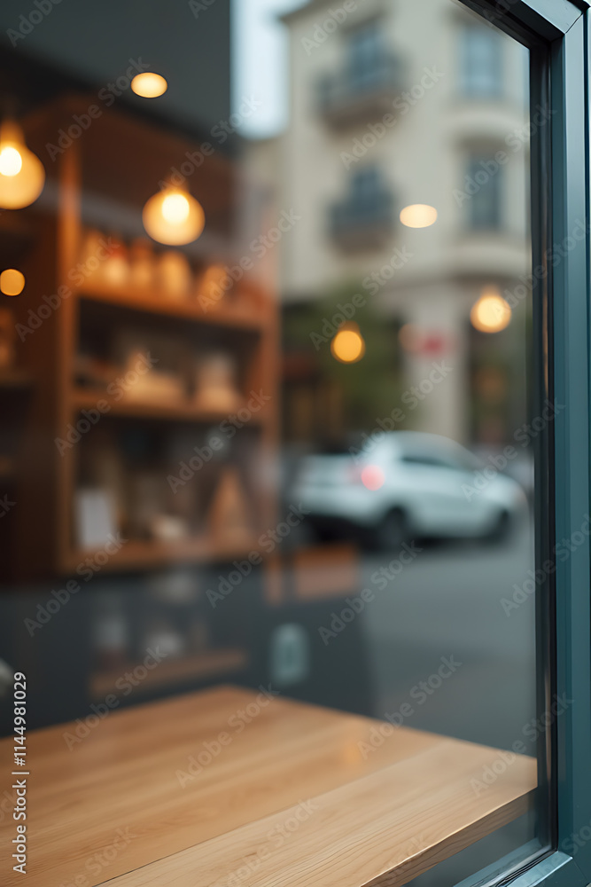 Aufkleber Glass window with blurred wood table and building background suitable for product display or key visual layouts._00001_