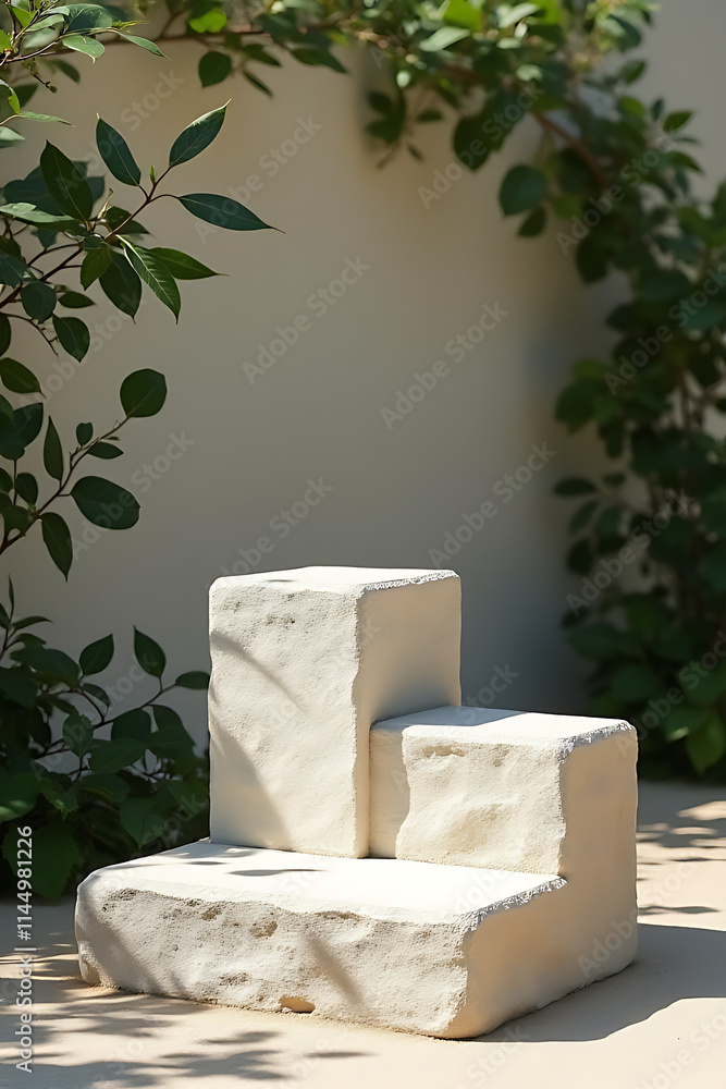 Aufkleber geometric stone podium with natural leaves and organic elements creates a minimalist backdrop for pr