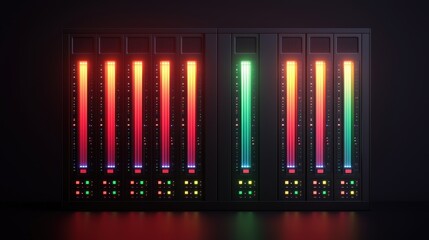 Ethernet network and efficiency concept, A vibrant audio mixer displays colorful LED meters, showcasing sound levels with a sleek, modern design in a dark setting.
