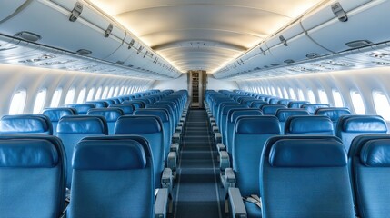 Fototapeta premium Modern airline cabin with all seats unoccupied, creating a serene and clean atmosphere