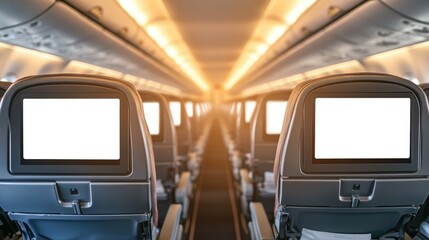 Modern airplane interior with rows of seats featuring blank entertainment screens for mockup use