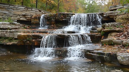Obraz premium a cascading large waterfall with fresh water in mountains with greenery, rocky mountains and blue sky
