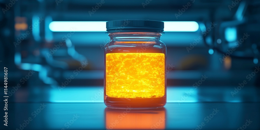 Poster a glowing orange substance is contained in a jar, illuminated by blue light, creating a striking vis