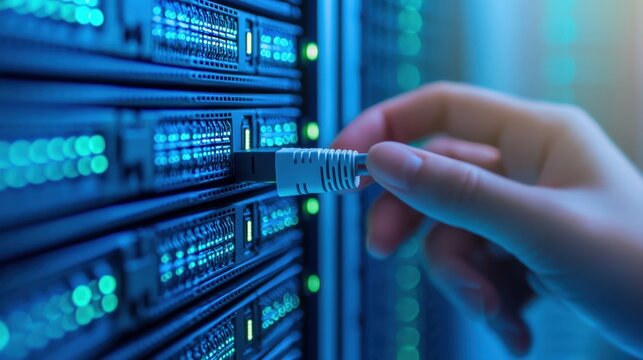 Ethernet network and efficiency concept, A hand connects an Ethernet cable to a server in a data center, featuring illuminated ports in blue and green hues. - Powered by Adobe