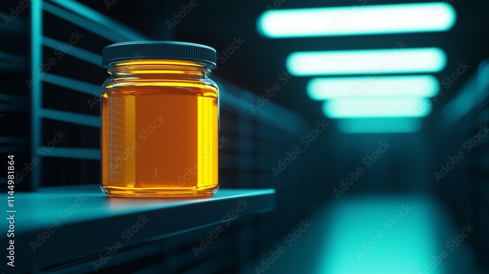 Poster a glowing jar of liquid sits on a shelf in a dimly lit, futuristic environment, emphasizing its vibr
