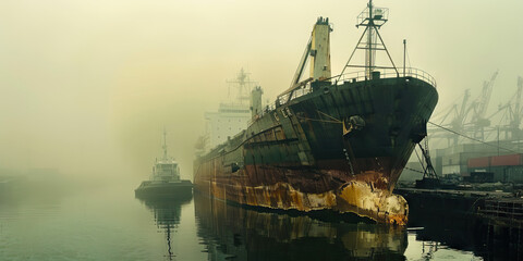 Rusty Cargo Ship and Tugboat in Foggy Harbor