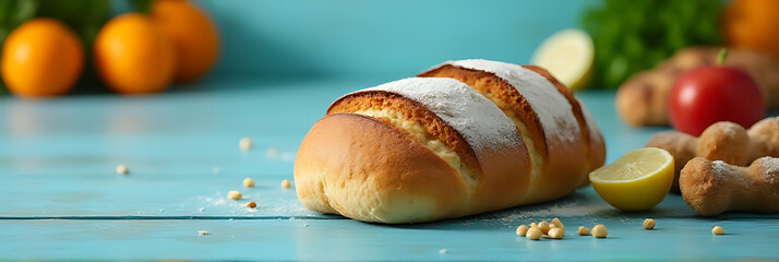 Freshly baked bread sits on a blue background amidst a display of healthy food options in a vibrant bakery scene._00001_