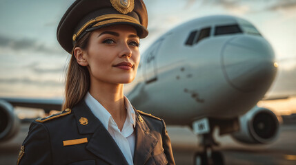 The image features a person dressed in a uniform resembling that of a pilot or air force officer, standing in front of an airplane on a runway