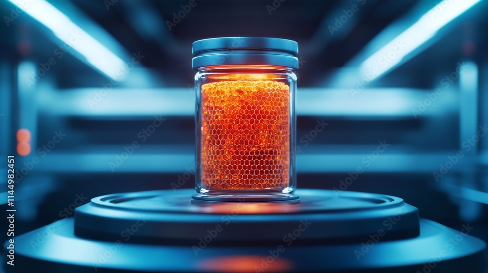 Poster a glowing jar filled with intricate, illuminated patterns is showcased against a futuristic backdrop
