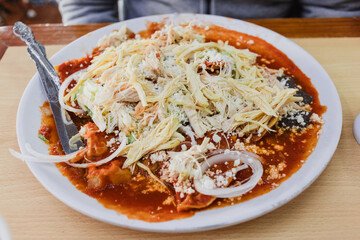 Chilaquiles : traditional mexican food made with fried tortillas, chicken and red tomato sauce