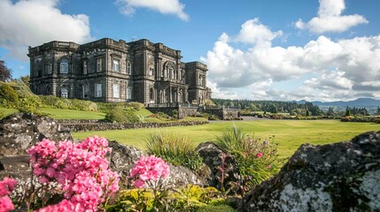 A grand historical mansion surrounded by lush greenery and colorful flowers.
