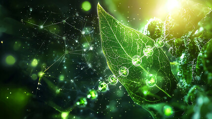 vibrant green leaf with glowing stomata and digital connections symbolizes nature technology